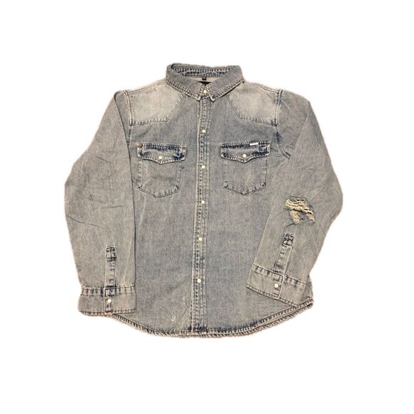 THRT Denim Shirt Men’s XXL Rick Ross Distressed Light Wash Western Snap Button - Picture 1 of 2